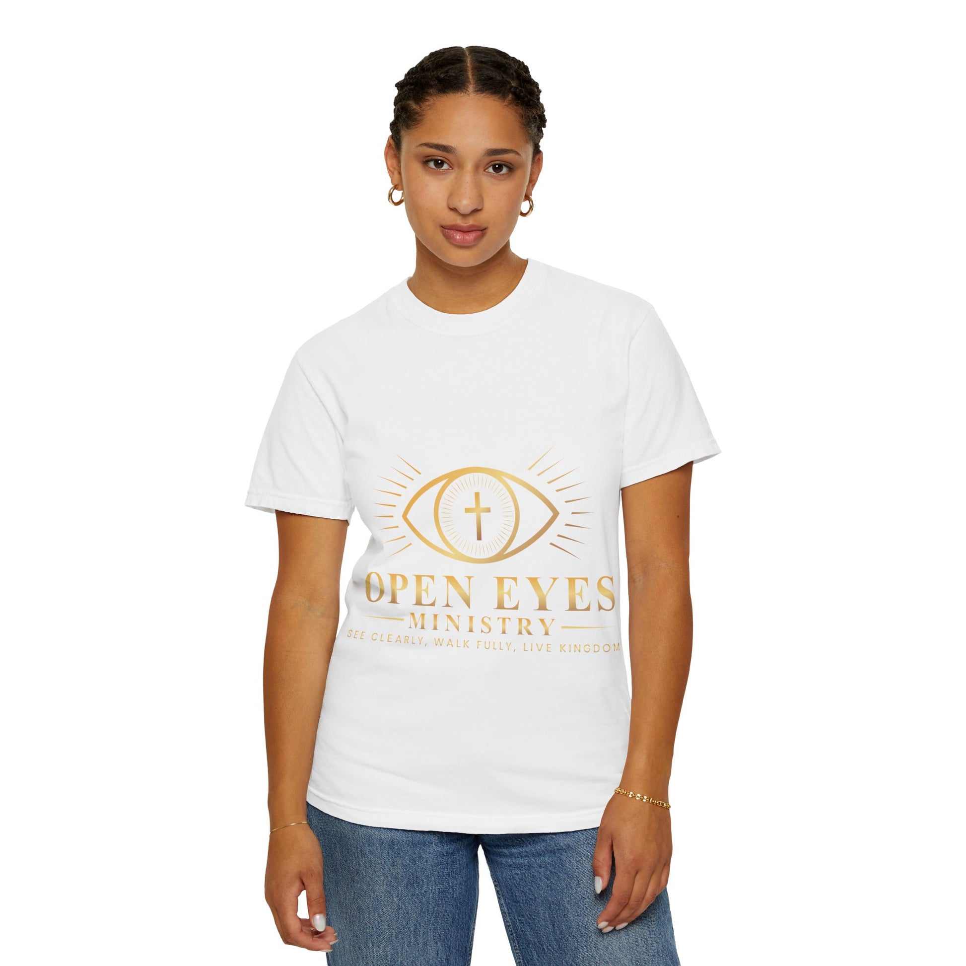 Open Eyes Ministry T-Shirt — Faith Graphic Tee with Cross Eye Logo