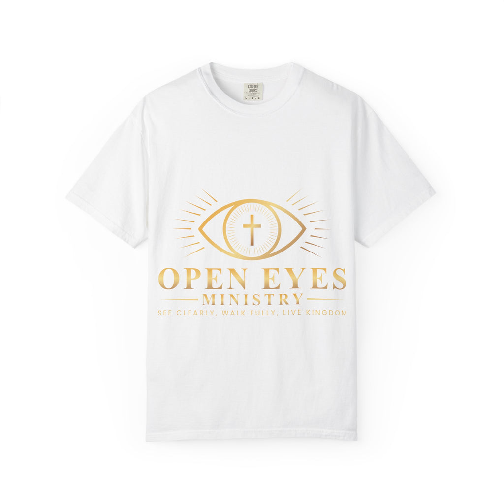 Open Eyes Ministry T-Shirt — Faith Graphic Tee with Cross Eye Logo